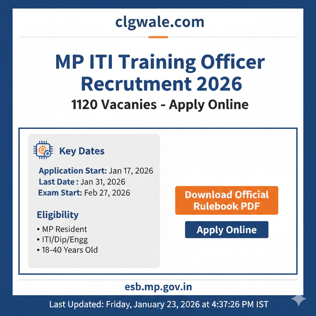 MP ITI Training Officer Recruitment 2026 - 1120 Vacancies Notification clgwale.com